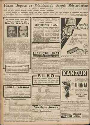  7 Nisan 1938 Hasan Deposu ve Müstahzaratı Saygılı Müşterilerine r Çok yüksek nefasetini temin maksadile H A S A N ve NESRlN
