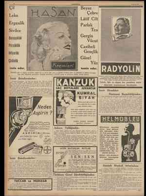  10 CUMHURIYET 24 Mayıs 1938 Çil Leke rgenlik Sivilce Buruşukluk Pörsüklük ihtiyarlık Çirkinlik izale eder. Izmîr...