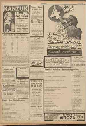  CUMHURlYET 13 Haziran 1938 Sümer Bank Kavseri Bez KOMOJEN SAÇ EKSiRi Saçlara elzem olan bir gıdadır. Saçların köklerini...