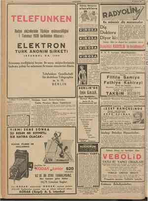    TELEFUNKEN Radyo ahizelerinin Türkiye mümessilliğ 1 Temmuz 1938 tarihinden itibaren ELEKTRON TÜRK ANONİM SiRKETİ iSTANBUL