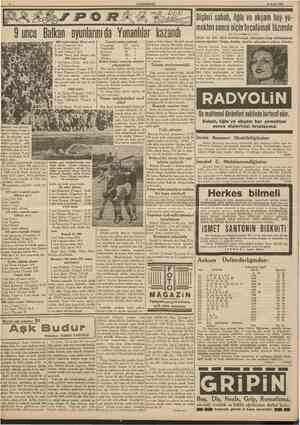  CUMHURtYET 19 Eylul 1938 9 uncu Balkan oyunlarını da Yunanlılar kazandı 400 metre seçme ikinci seri) 1 inci (Yugoslav) 52,3 2