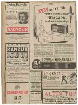  12 CUMHURİYET 31 Birincitesrin 1938 ç Daima Radyolin Radyolin Müstesna bir formülle ve azamî itina ile yapıldığı için yurdda