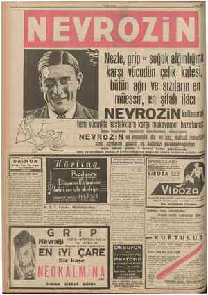  I ÇUMHURİYET 3 Mart 1939 Nezle, grip soguk alplıpa karşı vücudün çelik kalesi, bütün ağrı ve şızıların en müessir, en şifalı