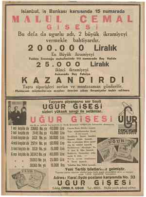  oUMHURIYET 13 Nisan 1939 M Isîanbul, iş Bankası karşısında 15 numarada Bu defa da ugurlu adı, 2 büyük ikramiyeyi vermekle...