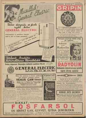  12 riTMITURÎYET 18 Haziran 1939 DİKKAT İPİN üütiin dünyada en GENERAL ELECTRIC mükemmeliyeti ve güzellikleri itibariyle 1939