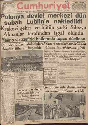  CUMHURÎYET 7 Eylul 1939 TAR1Hİ ROMAN Buhara Güneşi Yazan: ORHAN RAHM1 f Şehir ve Memleket Haberleri J Buğday rekoltemiz Vali