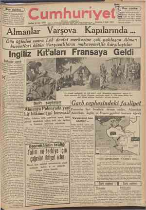  CUMHURÎTET Eylul 1939 TARIH1 ROMAN Buhara Güneşi Yazan: ORHAN RAHMl [ Şehir ve Memleket Haberlerl ») Almanyanın bizden...