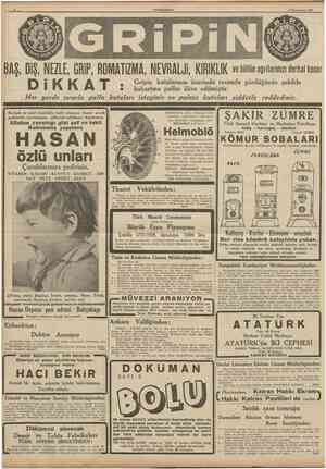  8 CUMHURÎYET 3 îkinciteşrin 1939 , DİŞ, NEZLE, GRİP, ROMATİZMA, NEVRALJİ, KIR1KLIK ve biiti n agrılannızı derhal keser I i V