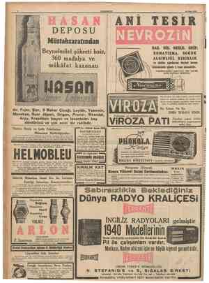  8 tUMHURÎYET 14 Nkan 1940 DEPOSU Müstahzaratından tiASAN ANI TESIR BAŞ, DİŞ, NEZLE, GRIP; ROMATİZMA, SOĞUK ALGINLIĞİ,...