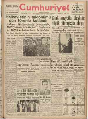  Halkevlerinin yıldönümü Cinde Sovyetler alf dün törenle kutlandı Ankara Halkevindeki merasimde, MillîŞefimiz, Meclis Reisi,