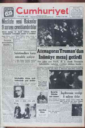 Cumhuriyet Gazetesi 27 Ocak 1949 kapağı