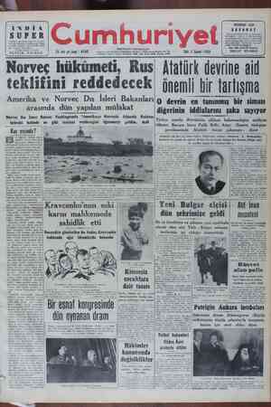 Cumhuriyet Gazetesi 8 Şubat 1949 kapağı