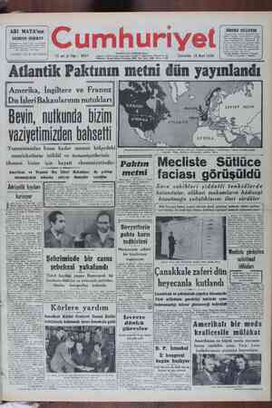 Cumhuriyet Gazetesi 19 Mart 1949 kapağı