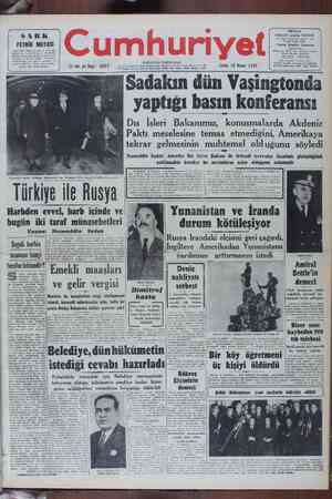 Cumhuriyet Gazetesi April 15, 1949 kapağı