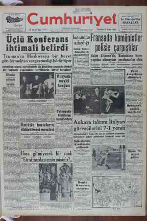 Cumhuriyet Gazetesi February 20, 1950 kapağı