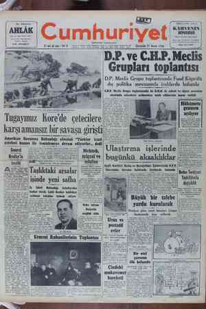 Cumhuriyet Gazetesi November 22, 1950 kapağı