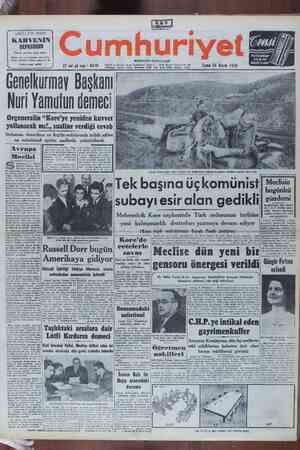 Cumhuriyet Gazetesi 24 Kasım 1950 kapağı