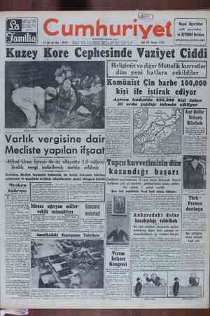Cumhuriyet Gazetesi 28 Kasım 1950 kapağı