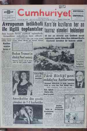 Cumhuriyet Gazetesi 25 Aralık 1950 kapağı