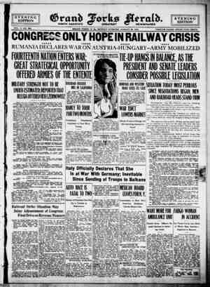 Grand Forks Herald Newspaper 28 Ağustos 1916 kapağı