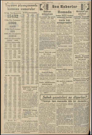  Tayyare piyangosunda kazanan numaralar 10 bin lira kazanan 15432 4 bin lira kazanan 5009 5009 3 bin ira kazanan 898 2000 lira