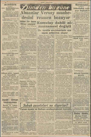  SŞT TAtatürk Çek Reisicümhurunu tebrik etti Ankara, 13 (A.A.) — Çekosla: vakya Reişicumuru - B. Masaryk'ın yıl dönümü...