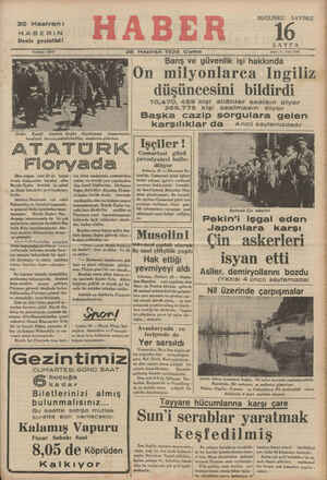    30 Hazlramn: HABERİN Deniz gezintisi! 'Telefon: 23872 28 Hazlran 1935 Cuma Dün akşam saat 20 de hususi trenle Ankaradan...