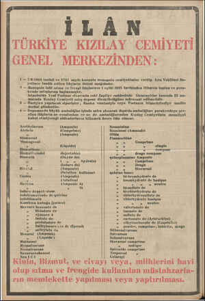  TÜRKİYE KIZILAY CEMİYETİ GENEL MERKEZİNDEN: 1 — 7/6/1935 tarihli ve 2767 sayılı kanunla monopolu cemiyetimize verilip Icra