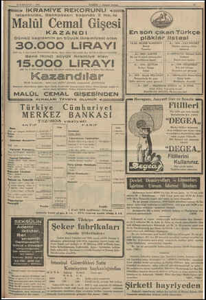  12 İLKKANUN — 1935 Istanbulda, Balıkpazarı Malül KAZANDI Dünkü keşidenin en büyük ikramiyesi olan 30.000 LiRAYI 21707 No. hı