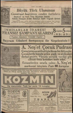    : 2 Birinciteyrin .— 1908 , HABER — Akşam postası Büyük Türk Ulusunun o ii i Cumur iyet bayramını candan kutlularız İG...
