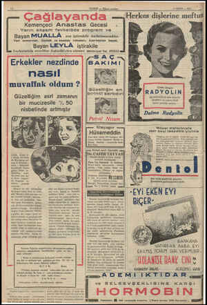  14 NİSAN — 1937 Herkes dişlerine meftun Kemençeci Anastas Gecesi Yarın akşam fevkalâde program ve Bayan MUALLÂ nın iştirakile