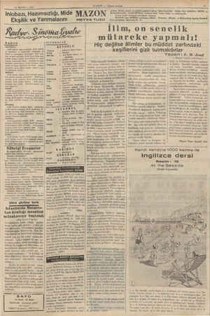    31 MAYIS — 1937 —— Inkıbazı, Hazıms Ekşilik ve Yanmalarını RADYO ——— İSTANBUL: 18,30 plâkin dans musikisi, 1030 Afrika Av