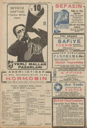    12 HABER — Akşam postası — 1TEMMUZ — 1937 BEYKOZ HAFTASI 1 Temmuz 1937 den itibaren YERLİ MALLAR PAZARLARI ve BEL...