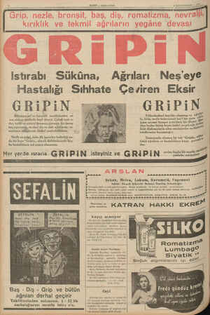  12 HABER — Akşam postası â İRtNCİTEŞRİN 2 az i > k istırabı Süküna, Ağrıları Neşey€ Hastalığı Sıhhate Çeviren Eksir GRiPiN