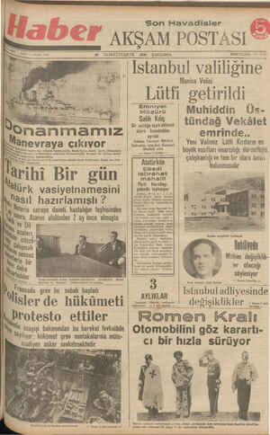 ZARRA OAY T UNU ——— — — —- EZZ 30 İKİNCİTEŞRİN 1938 ÇARŞAMBA —0 HANIŞLERİ: Ta 20385 ——— z D Istanbul Valılıgın Manisa Valisi 
