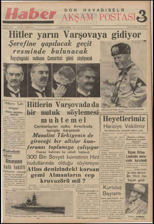    SON--HAVADİSELR AKSAM” POSTASI Telefon; ale 2 © Senesi 8— SA 6 4 BİRİNCITEŞRİN 1939 SARIYA BA İLAN İŞLERİ: Ee zi Hitler...