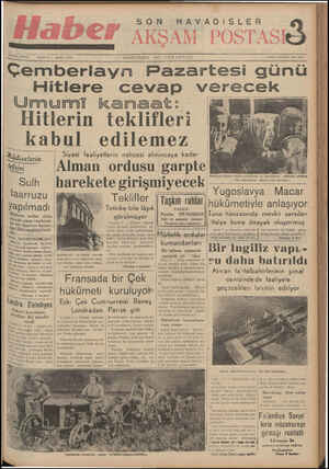  SON HAVADİSLER İLAN İŞLERİ: BİRİNCİ eze 1939 ia öekerkileie ESİ Tek 2335 Çemberlayn Pazartesi günü Hitlere cevap verecek...