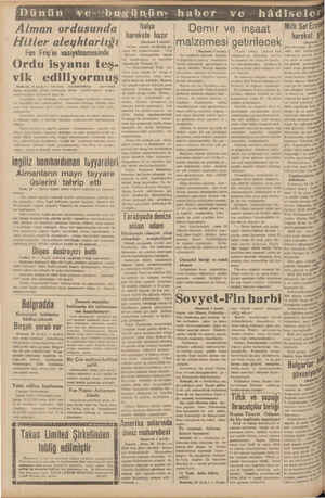  | Dünün “we-xb Alman ordusunda Hitler aleyhtarlığı Fon Friç'in vasiyetnamesinde Ordu isyana teş- vik ediliyormuş Stokholm, 14