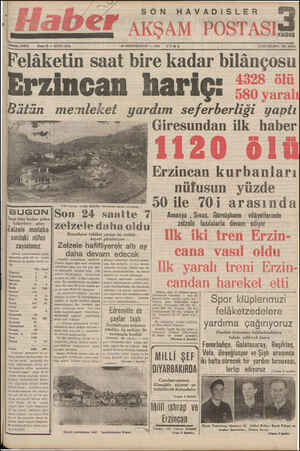  Telef Felâketin saat bire kadar bilânçosu Erzincan hariç: 