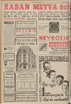    HABER — Akşam Postası 2 ŞUBAT — 1940. i 'HASAN MEYVA özi! inkıbazı defeder, iştahsızlık, hazımsızlık, vardır. Şişe 3D nisi