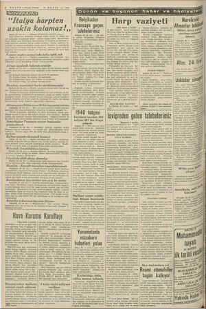    4 HABER — Akşam Postan 2i MAYIS — 1940 Ss DAKIKA “Italya harpten uzakta kalamaz?,, Roman, 21 (A. A;) — Giornale...