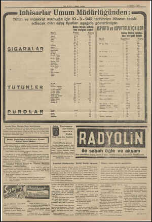  MABRE Alem pesiem 10 MART 1947 .. wv 00 inhisarlar Umum Müdü irlüğünden: Tütün ve müskirat mamulâtı için 10 - 3 - 942...
