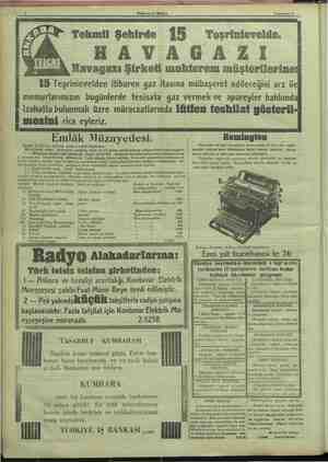   t ) ' N âS 6 Hakimiyeti Milliye Teşrıeve' 6 ! Tekmil Şehirde İ5 Toşrinievelde. | | HAVAĞAZI | A Havagazı Şirketi muhterem