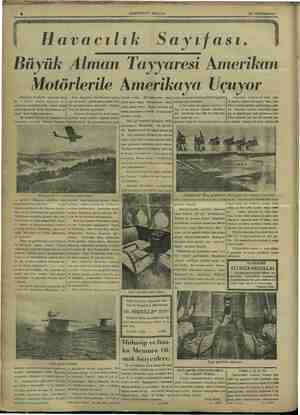    ? Havacılık Sayıfası. HAKİMİYETİ MİLLiY& 13 TEŞRİNİSANI “nun Büyük Alman İayyaresi Amerikan Motörlerile Amerikaya e ünyanın