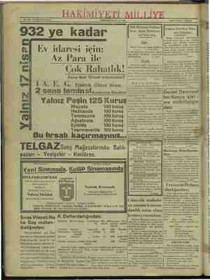    HAKİMİYETİ PERŞEMBE 14 NİSAN 1932 ——— No. 3862: ON ÜÇÜNCÜ SENE. 932 ye kadar TA. Bu fırsalı kaçırmayınız... Ev idaresi...