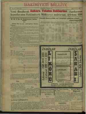  ilme e sase j HAKİMİYETİ MİLLİYE ft No. 3906: 13 ÜNCÜ SENE. ÇARŞAMBA:i HAZİRAN 1932 sama Yeni Basılacak Ankara Telefon...