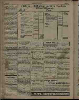  Türkiye Cümhuriyet Merkez Bankası 27 Nisan 1933 vaziyeti Aktif Pasif r Lira, Kasa: Sermaye: 15.000.000, — Altın: Safi...