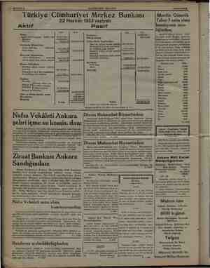    | SAYIFA ek 6 'İHAKİMİYETİ MİLLİYE e 36 HAZİRAN m en Türkiye 'Cü iımhuriyet Merkez 22 Haziran 1933 vaziyeti Aktif Pasif...