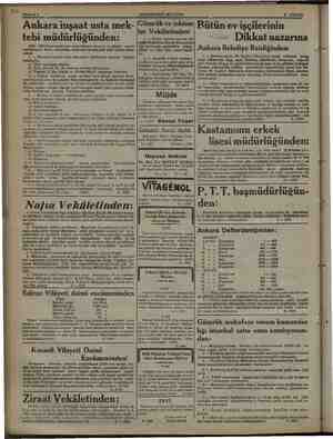    SAYFA 6 ; “ HAKİMİYETİ MİLLİYE Ankara inşaat usta mek- tebi müdürlüğünden: 1933 - 1934 ders senesi için mek tebimize...