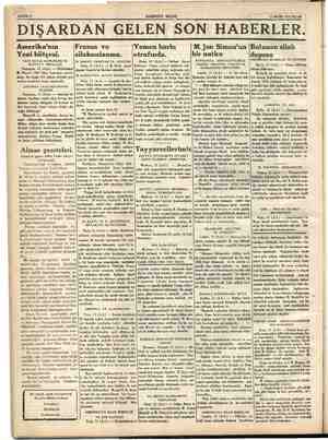    JE 1> SAYIFA 2 HAKİMİYETİ X MİLLİYE, 13 MAYIS 1934 PAZAR DIŞARDAN GELEN SON HABERLER. — , Amerika'nın Fransa ve Yemen harbı